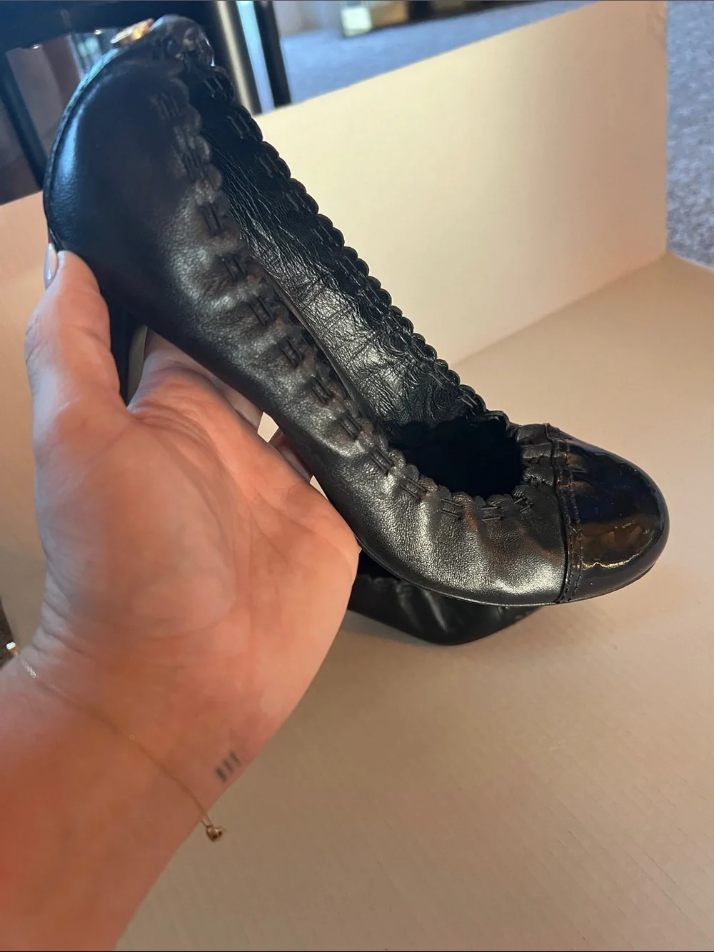 Tory Burch Black Ruched Leather Block Heel Pumps